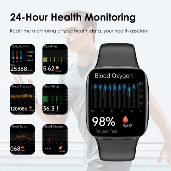 Smart ECG clock with blood sugar in 2024, 1.72 "glucose meter clock, smart watch for measuring uric acid, total cholesterol, body temperature, 24/7 blood pressure, Android iOS sleep