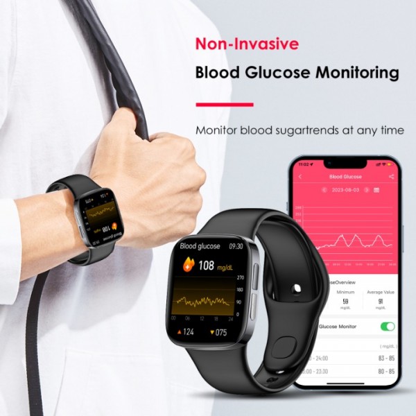 Smart ECG clock with blood sugar in 2024, 1.72 "glucose meter clock, smart watch for measuring uric acid, total cholesterol, body temperature, 24/7 blood pressure, Android iOS sleep