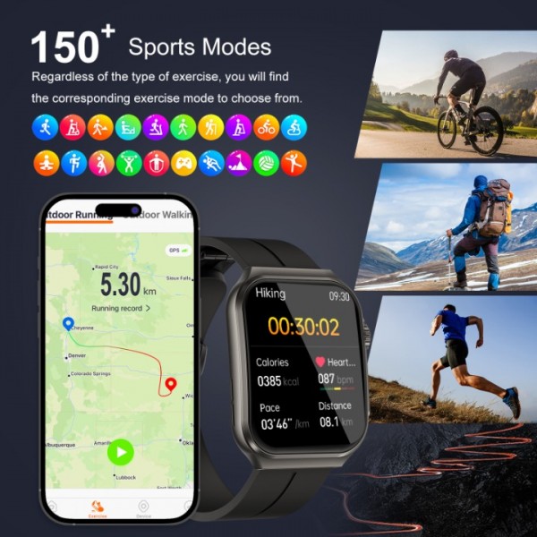 Marsyu Smartwatch, Blood glucose measurement, ECG, 24/7 SpO2, Heart rate monitor, Sleep monitor,1,96"Blood glucose meter with Bluetooth call, 150+ sport modes, Activity bracelet (Black)