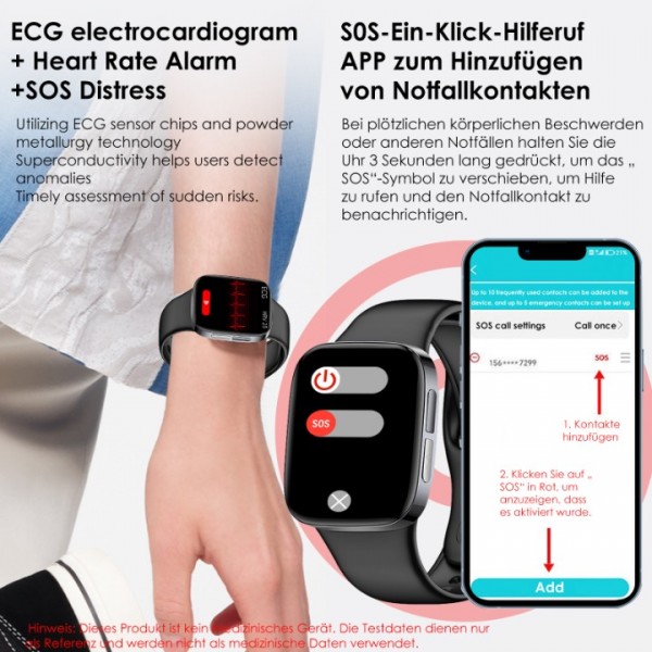 Smart ECG clock with blood sugar in 2024, 1.72 "glucose meter clock, smart watch for measuring uric acid, total cholesterol, body temperature, 24/7 blood pressure, Android iOS sleep