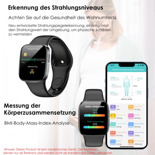 Smart ECG clock with blood sugar in 2024, 1.72 "glucose meter clock, smart watch for measuring uric acid, total cholesterol, body temperature, 24/7 blood pressure, Android iOS sleep